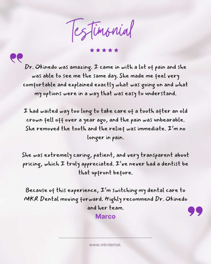 Dental Emergencies
Patient's actual review. Read more reviews like this on our google page.
